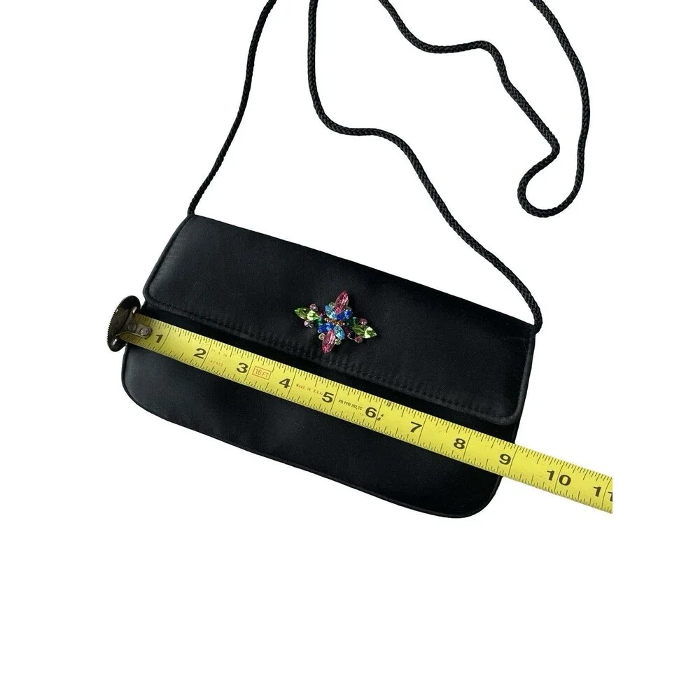 Valerie Stevens Black Satin Evening Bag Rhinestone Floral Clutch Crossbody Purse